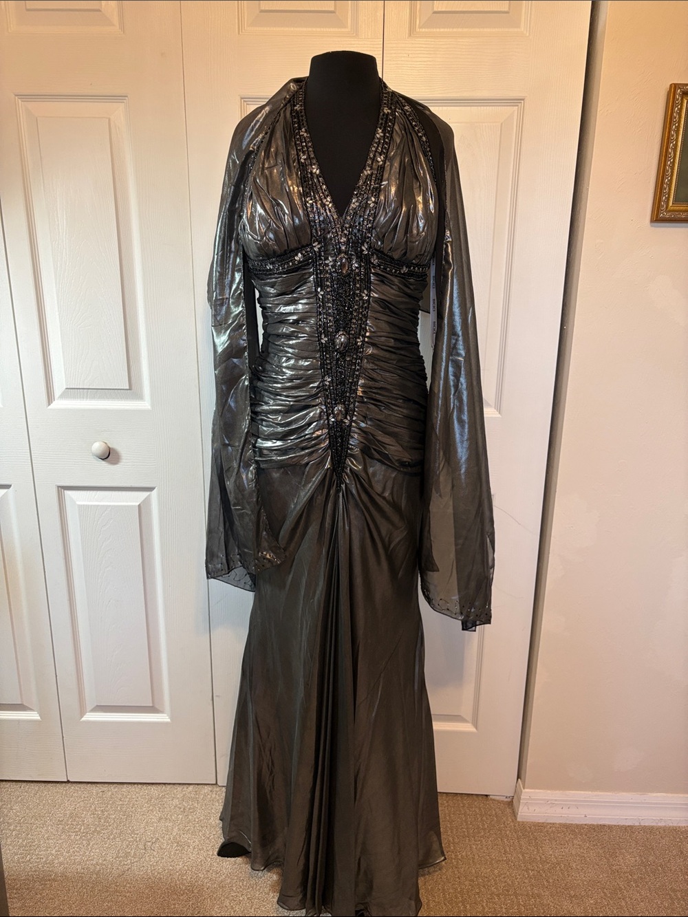 NWT BICICI Metallic Silver Beaded Ruched Halter Evening Gown - Size Large.